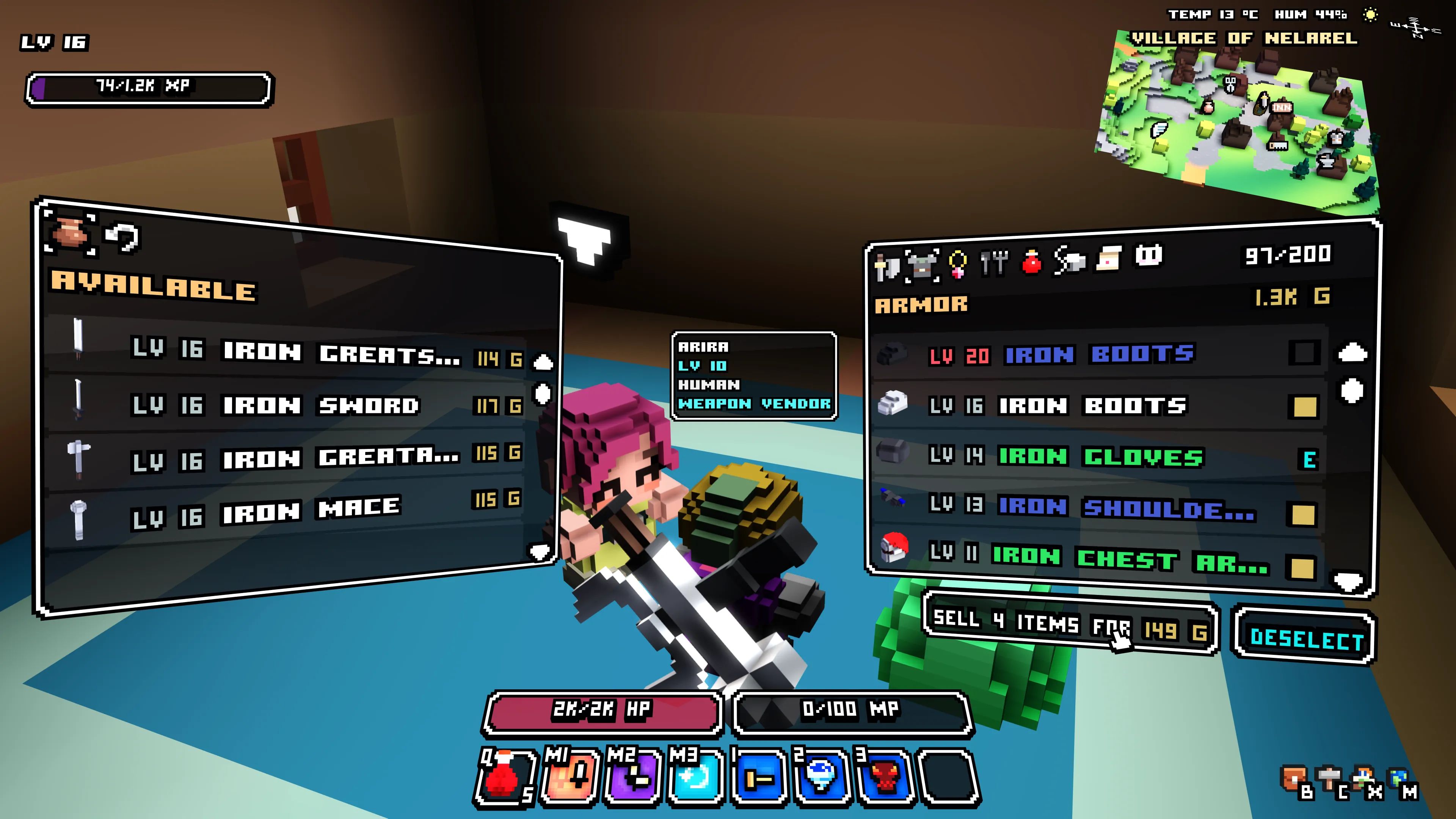 Vendor and inventory panels with gold selection checkboxes, a combined Sell button and a Deselect button.