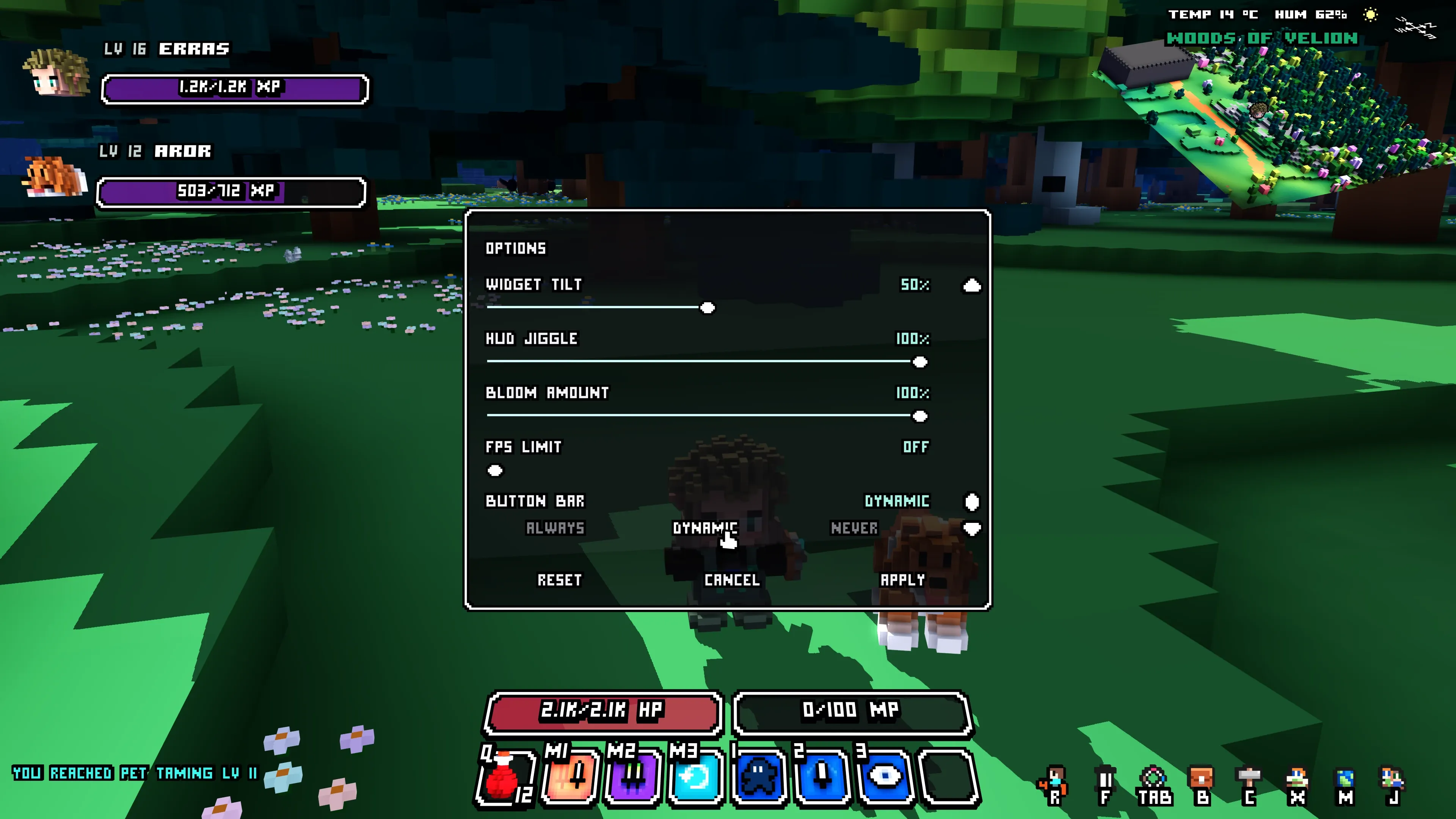 The Options menu showing the Button Bar setting with Always, Dynamic and Never choices.