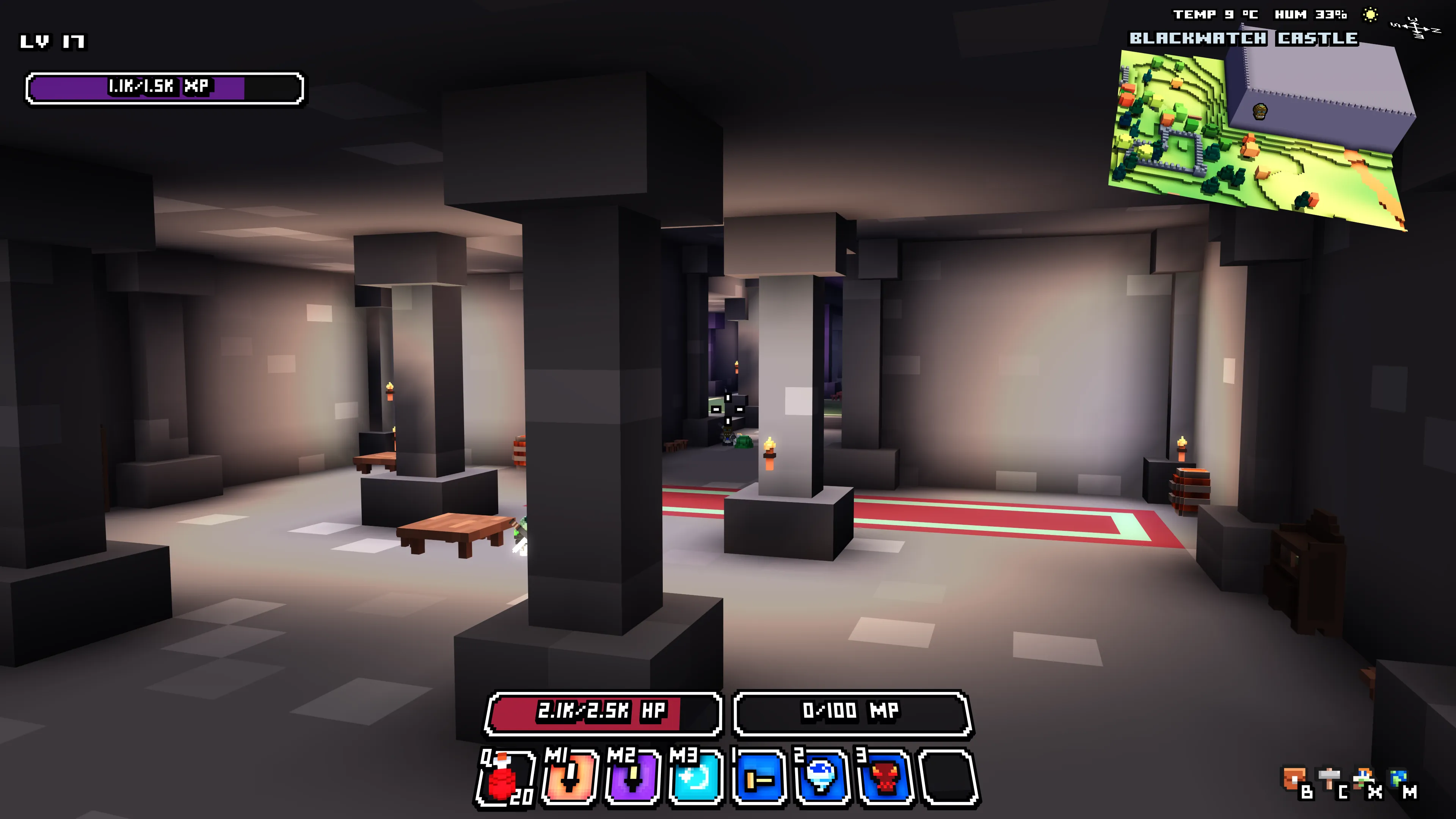 A castle interior with torchlit pillars, a carpet, tables, stools, shelves and barrels.