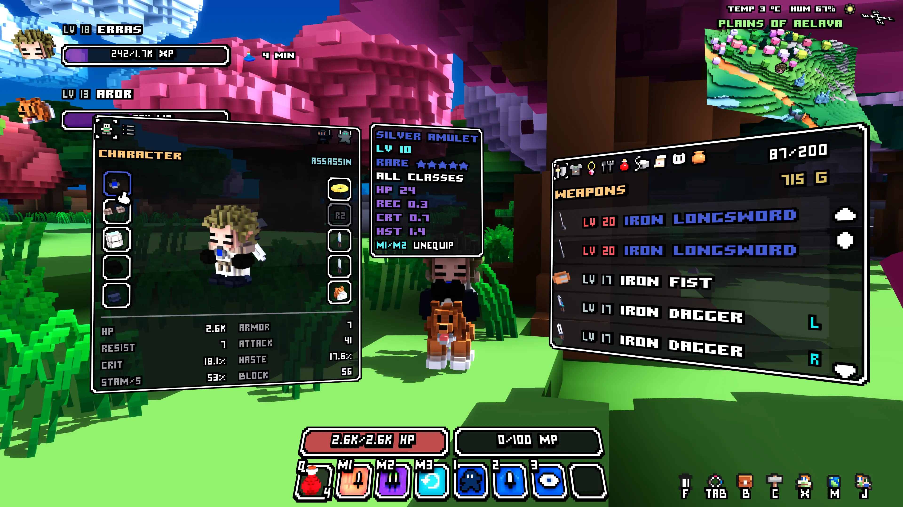 The new Character view beside the inventory, with equipped items around the 3D character, stats underneath and an amulet tooltip on the right.