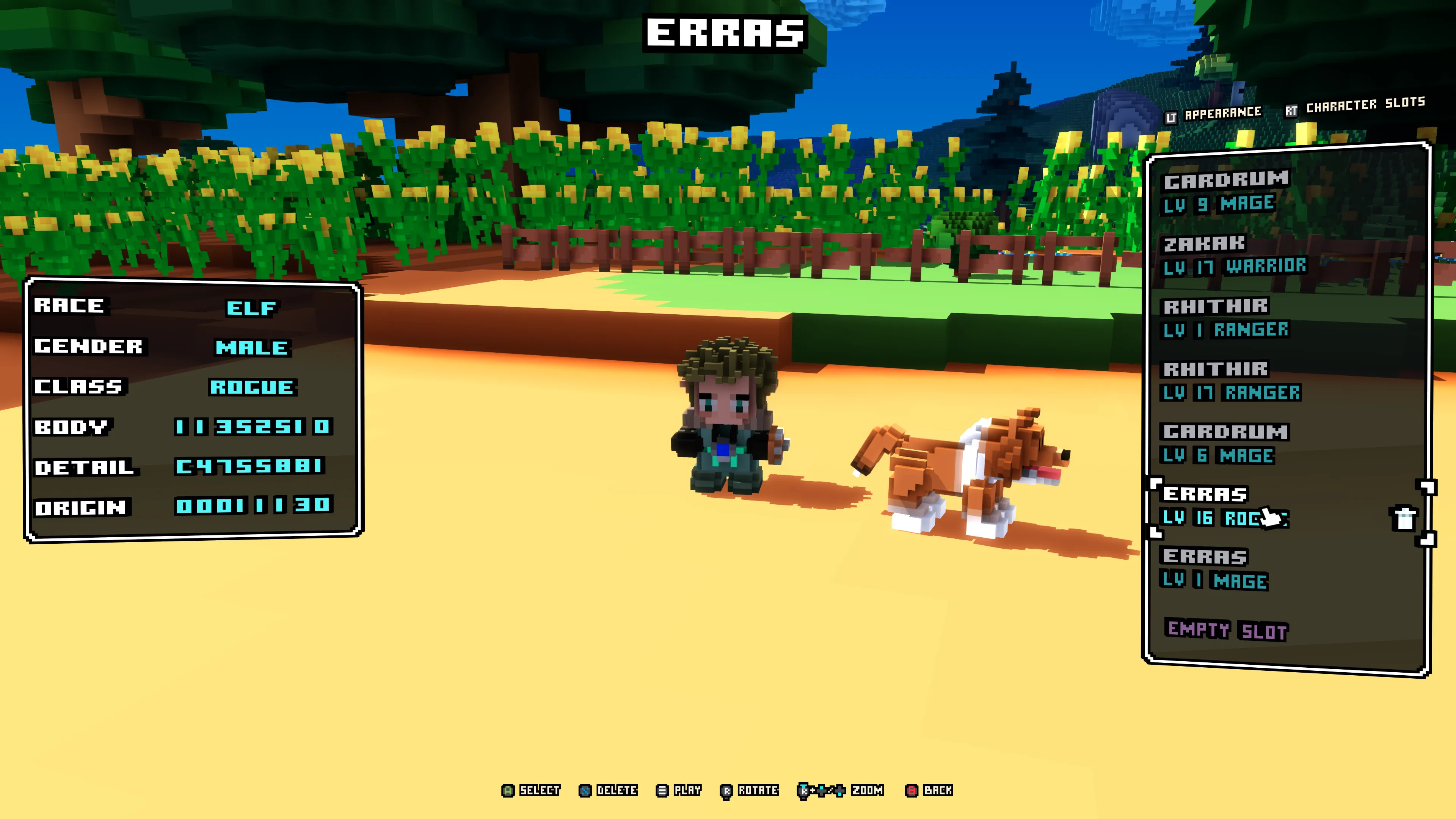 Character selection with appearance settings on the left, saved characters on the right, and Xbox controller hints for selecting, playing, rotating and zooming.