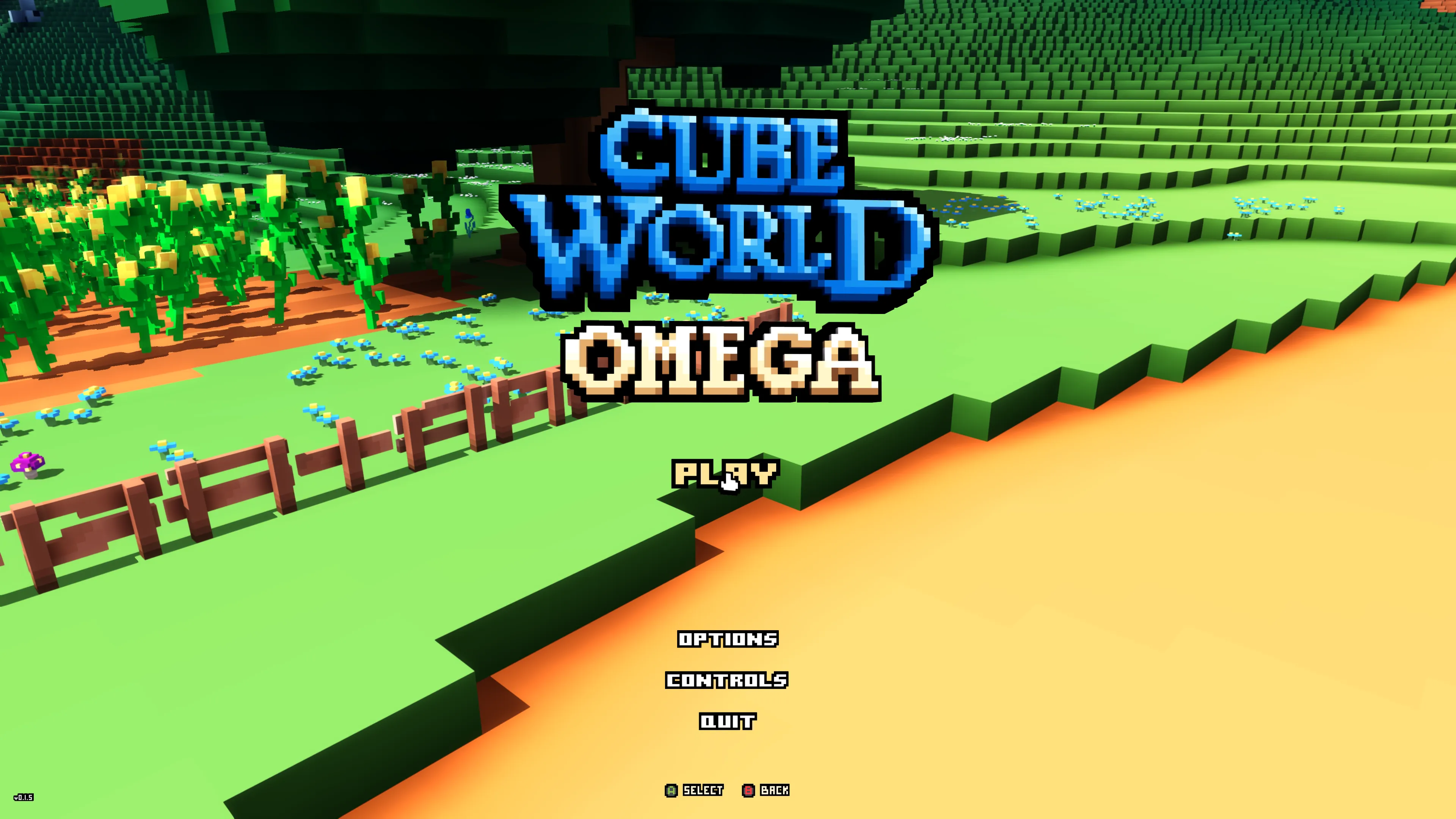 The Cube World Omega start screen with the hand cursor on Play and Xbox A and B button hints along the bottom.