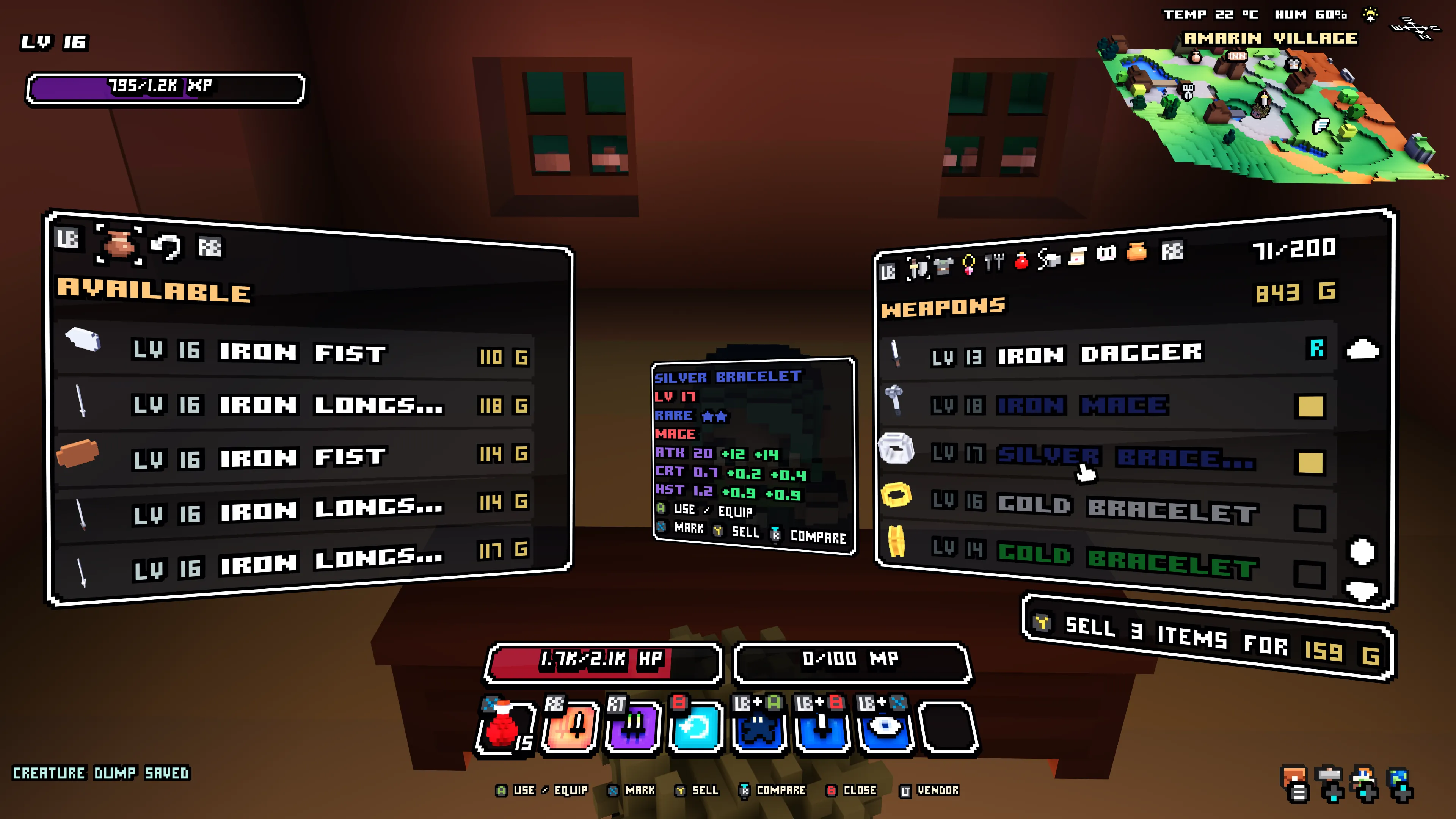 A vendor and inventory open side by side, with Xbox tab hints, item actions and three inventory items marked for sale.