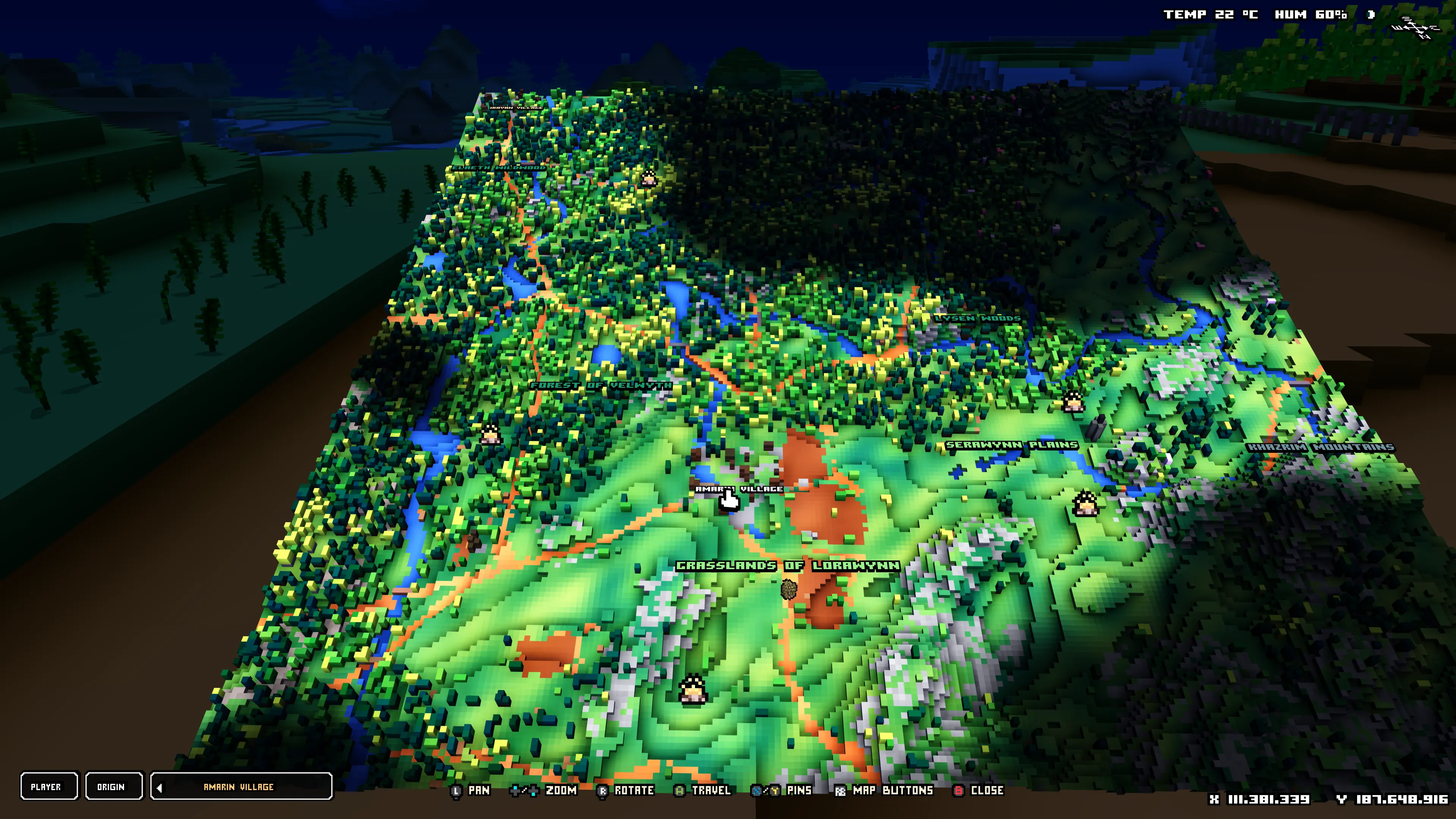 The maximized world map with Xbox controller hints for panning, zooming, rotating, travelling and placing pins.