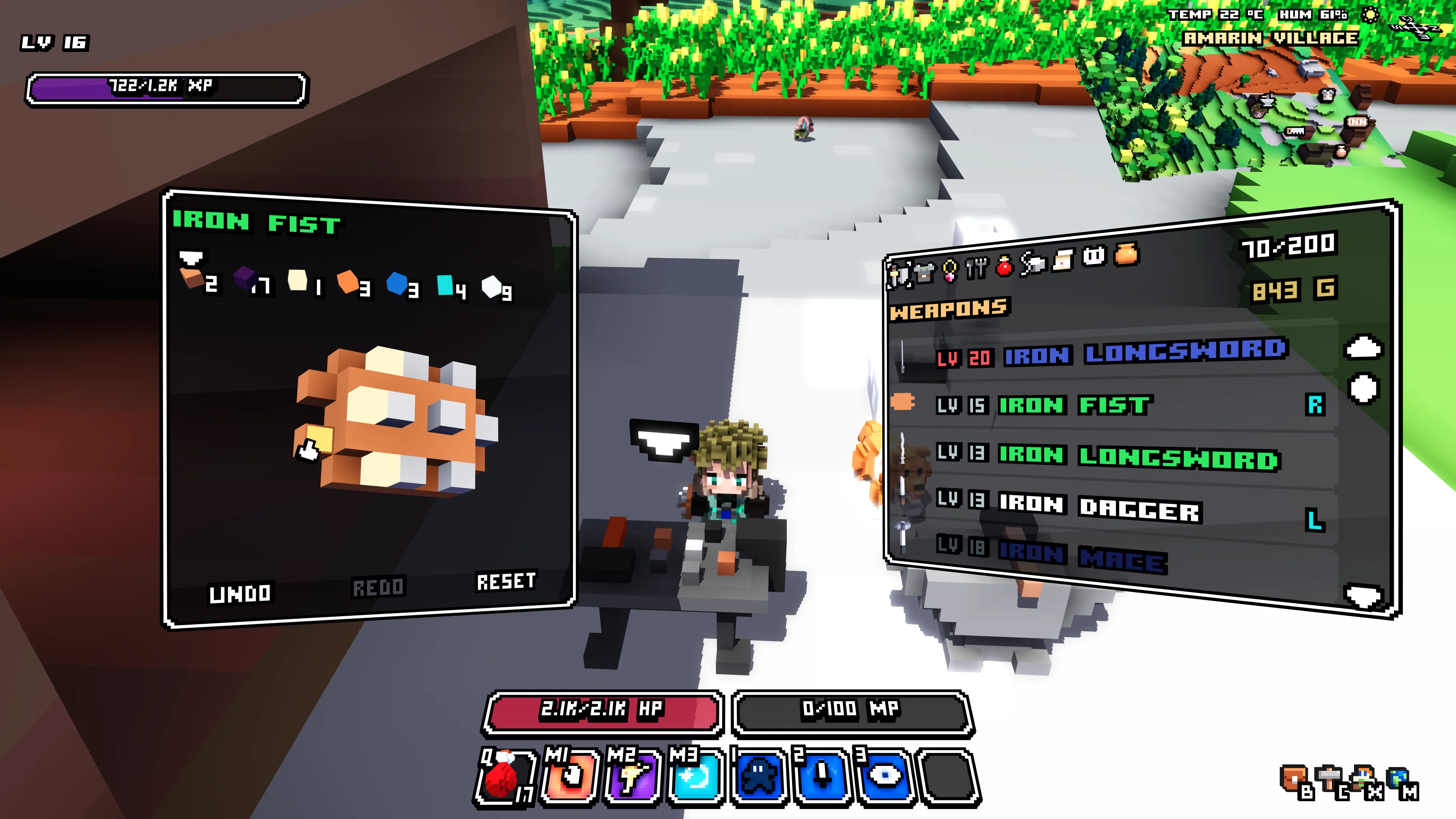 Editing an Iron Fist at a customization workbench on a blacksmith terrace, with the voxel editor and inventory open side by side.