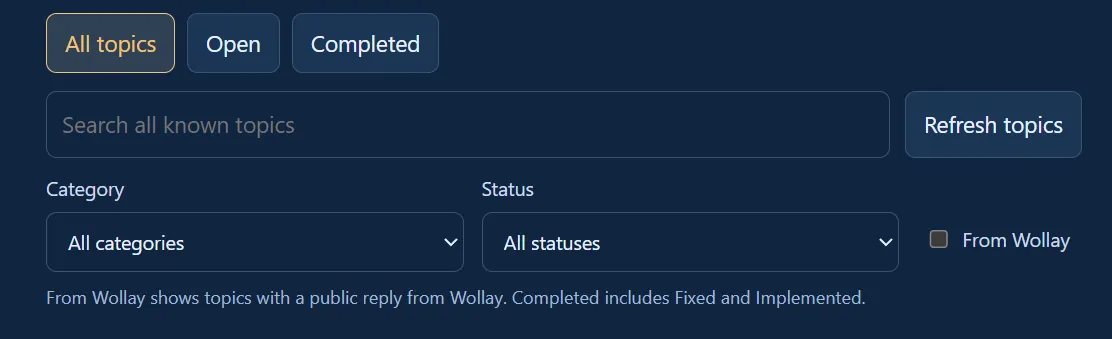 The feedback page with category and status filters, Open and Completed buttons, and the From Wollay filter.