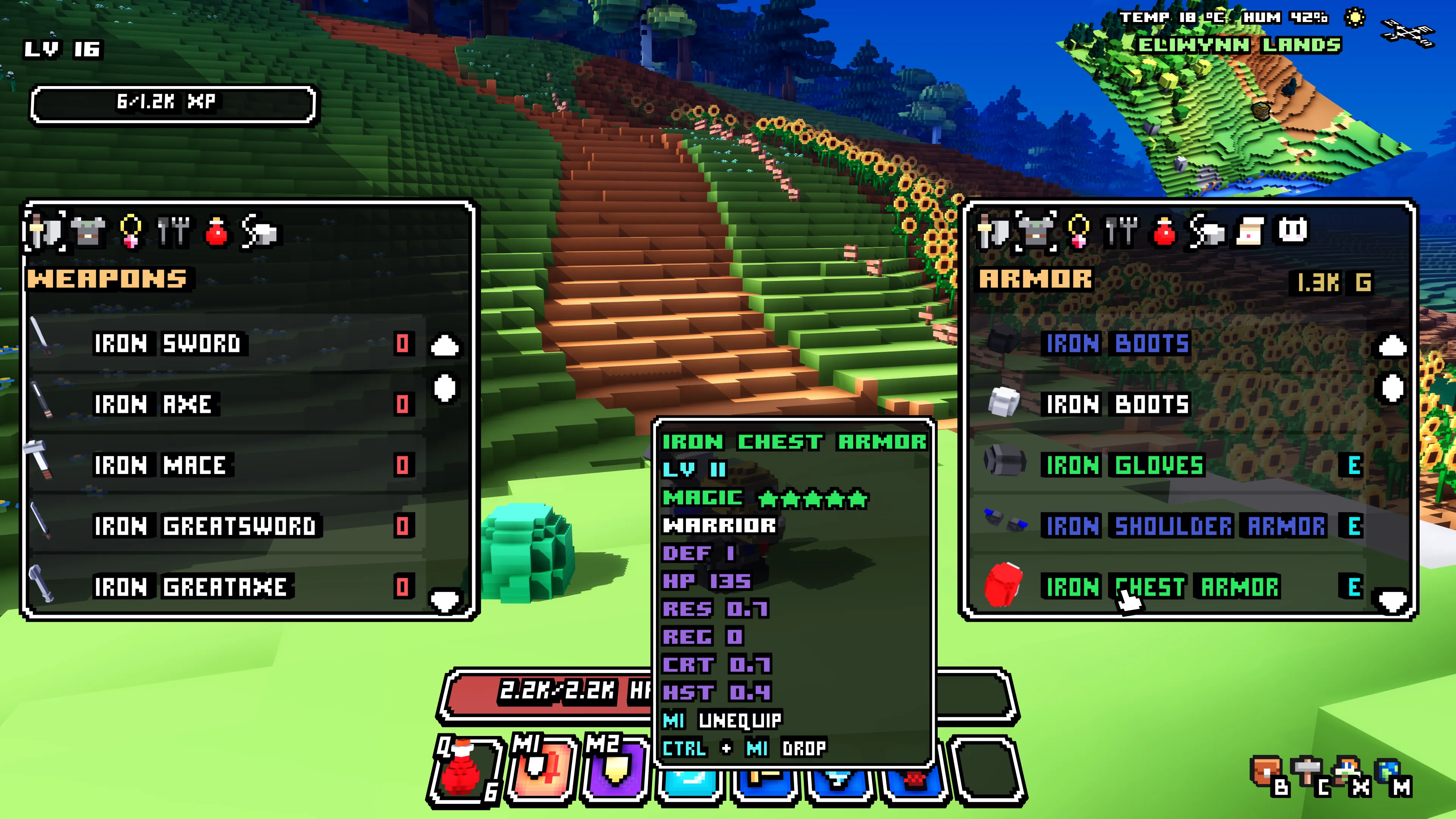Flat vendor and inventory panels with an item tooltip between them in Cube World Omega.