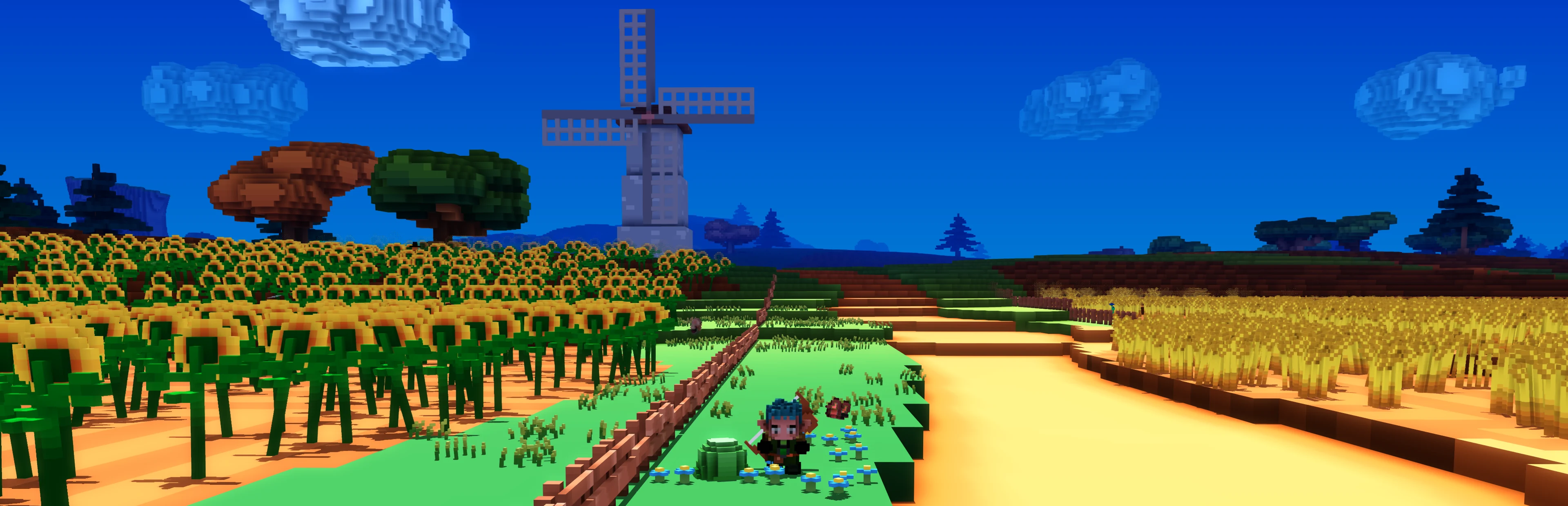 A windmill above sunflower fields in Cube World Omega, with a player and pet in the foreground.