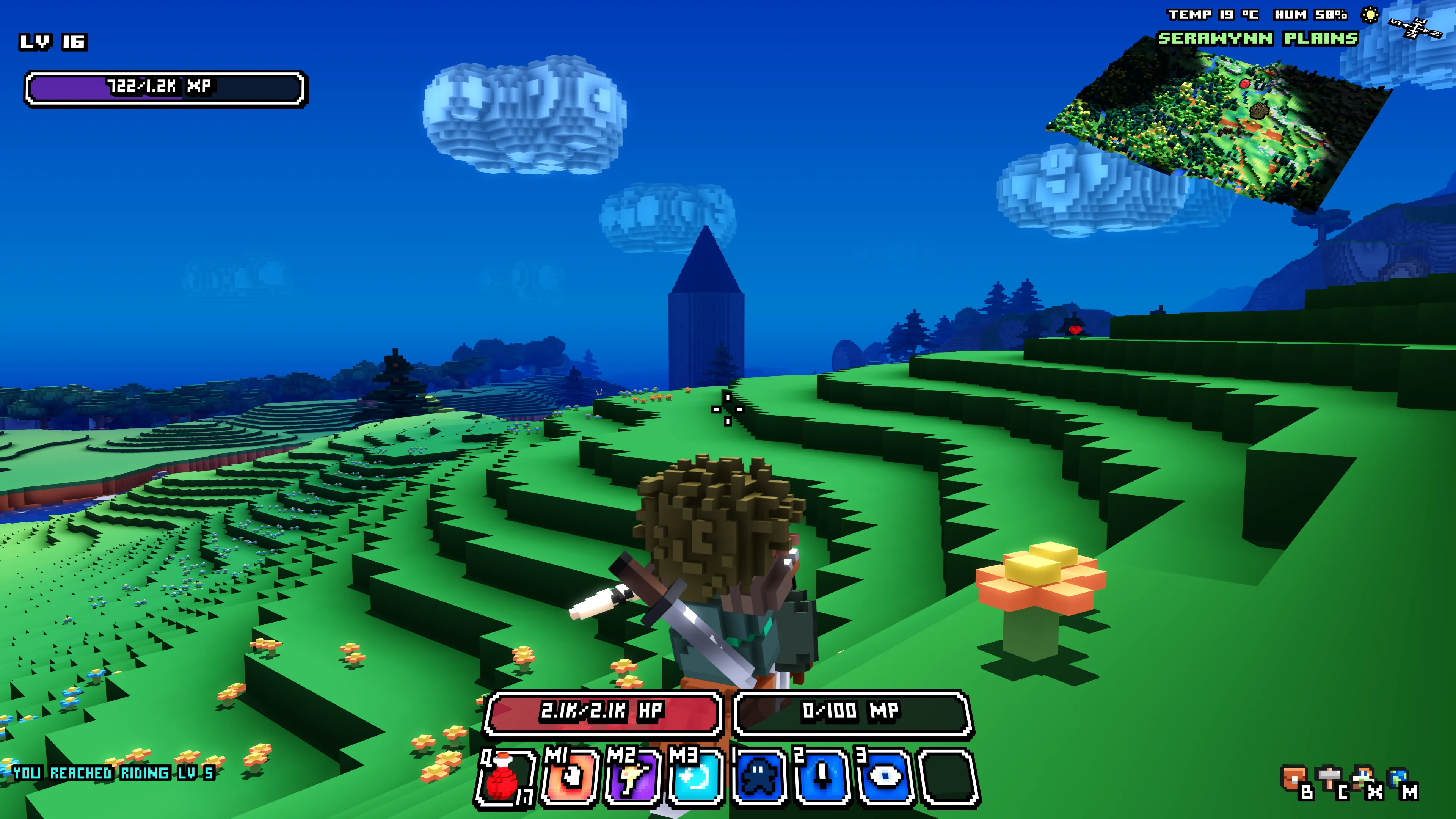 A tall Mage Tower with a pointed roof, seen from a grassy hillside.