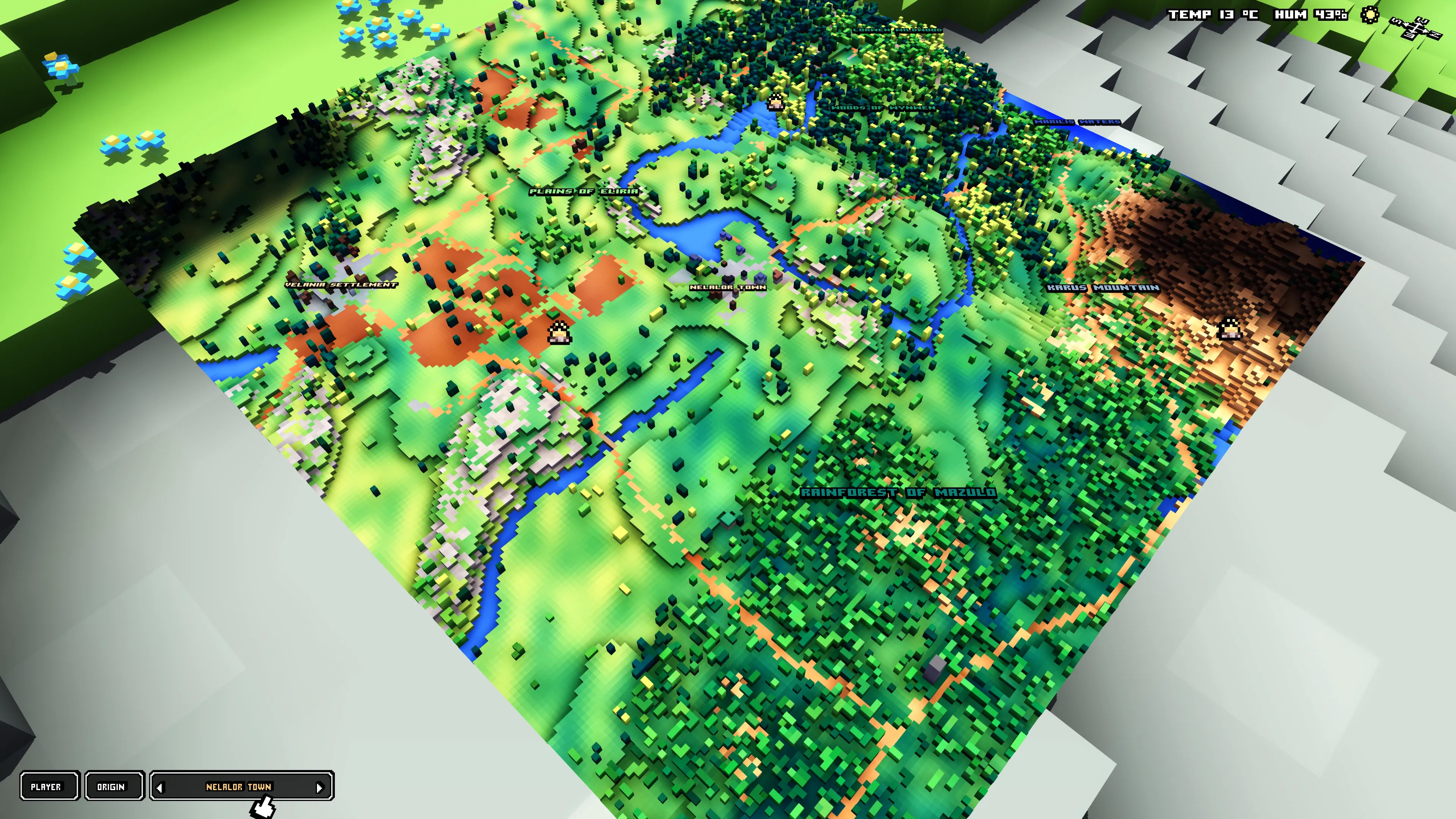 The maximized world map with PLAYER, ORIGIN and recent-village navigation buttons in the bottom-left corner.