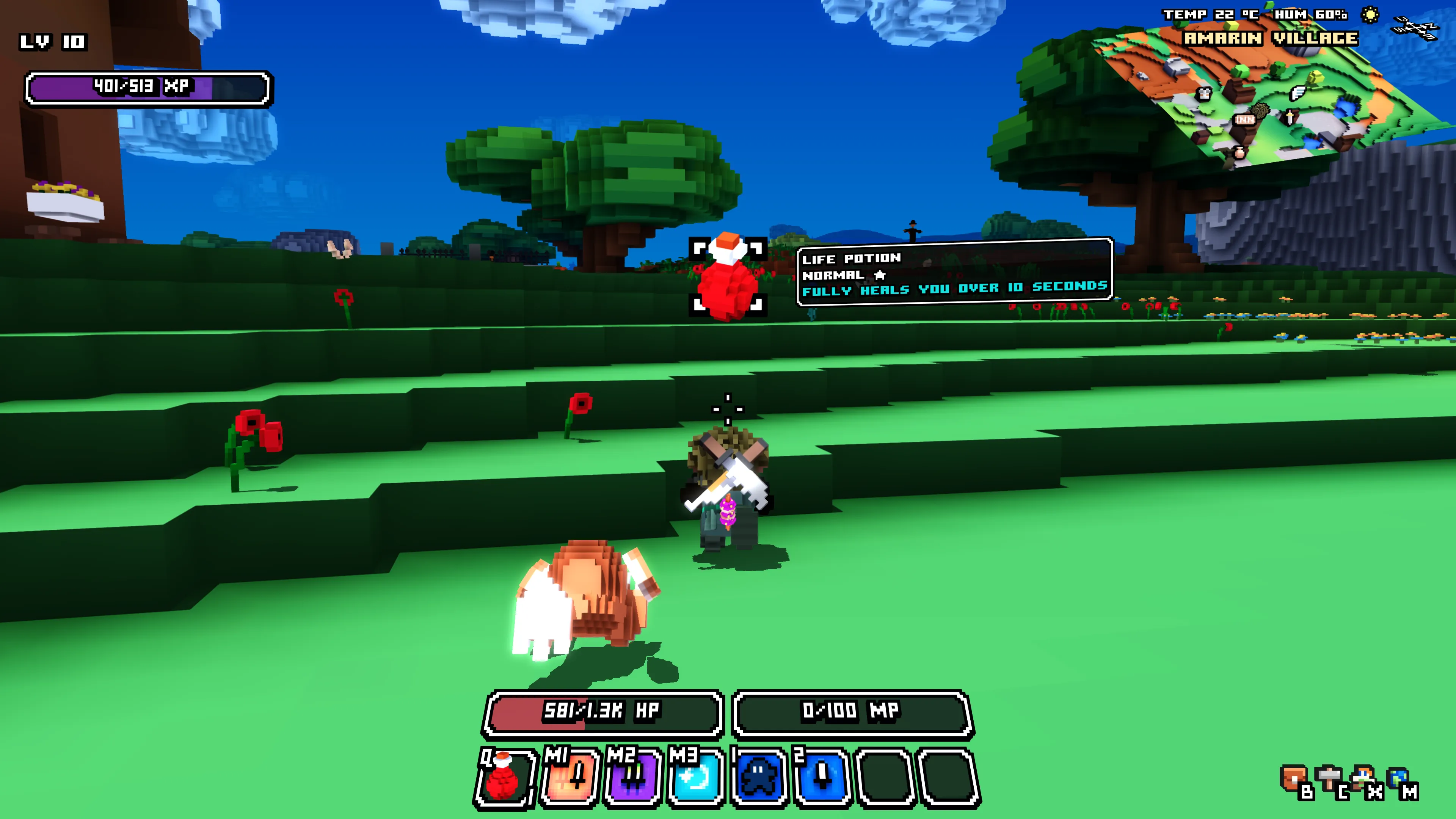 A character moving through a village with the ring menu open and a Life Potion selected.