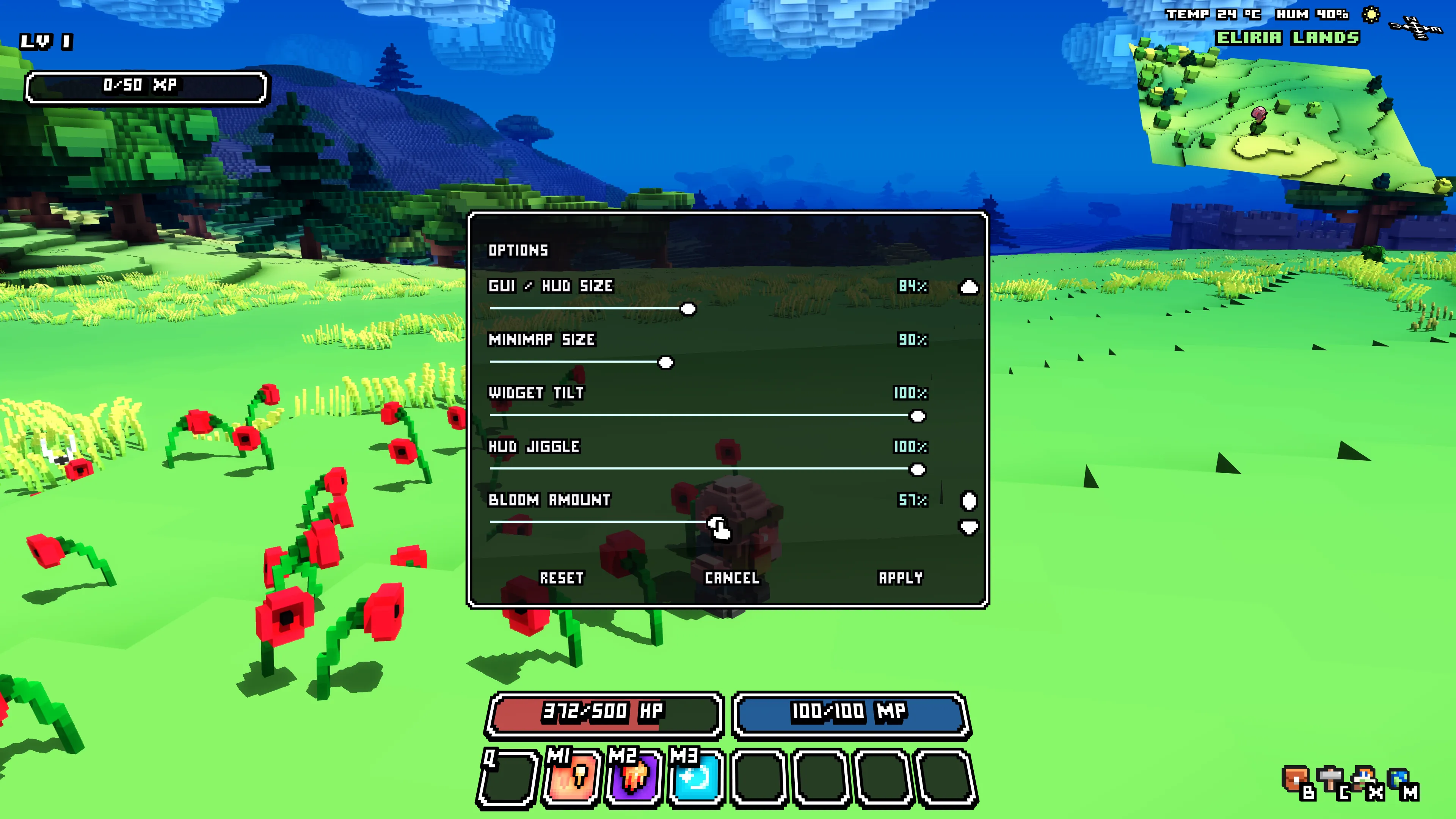 The expanded Options menu with interface size, minimap size, motion and Bloom controls.