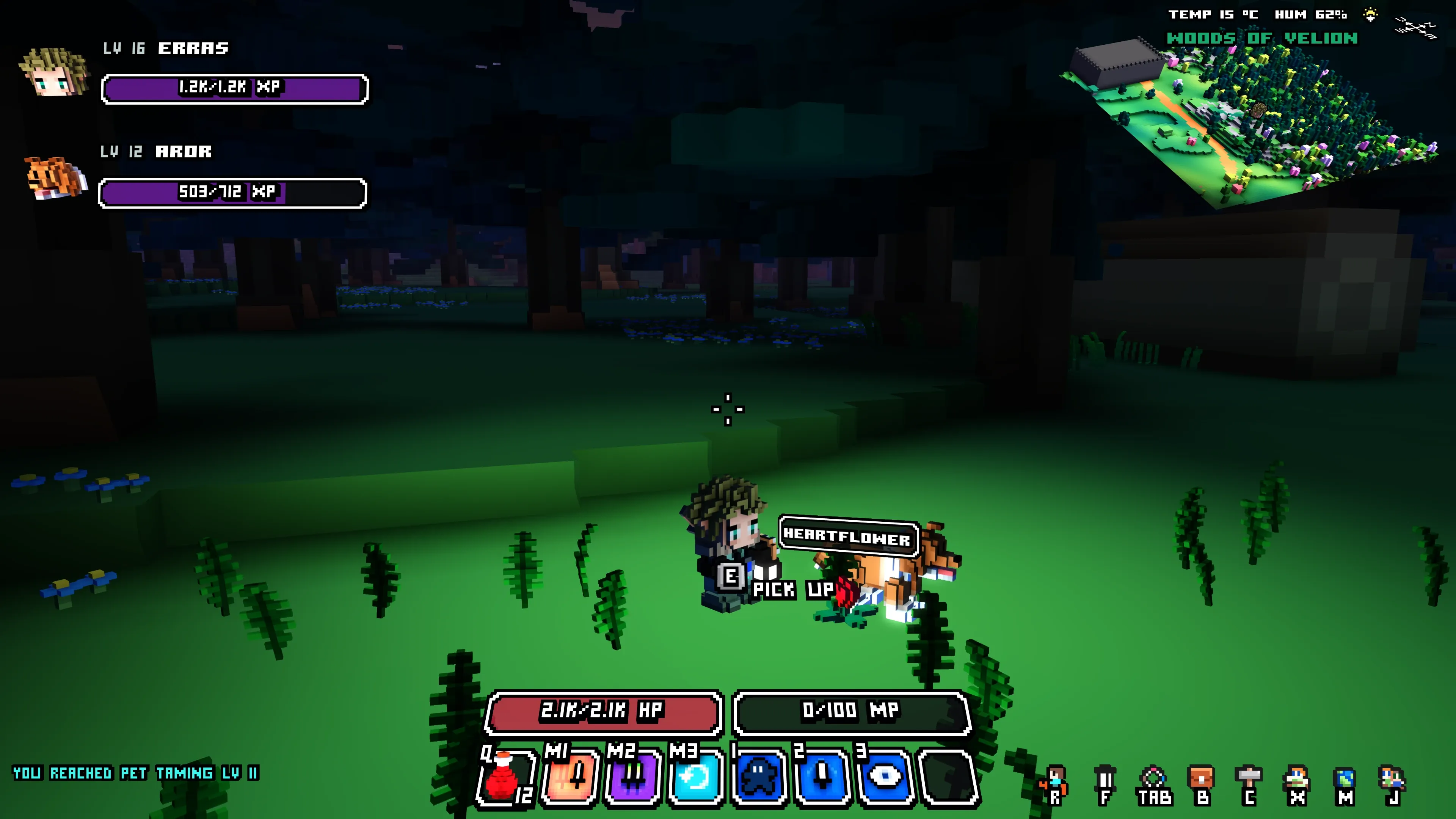 The updated HUD with character and pet portraits, names, levels and XP bars at the top left, an expanded button bar at the bottom right, and a Pick Up prompt beside a Heartflower.