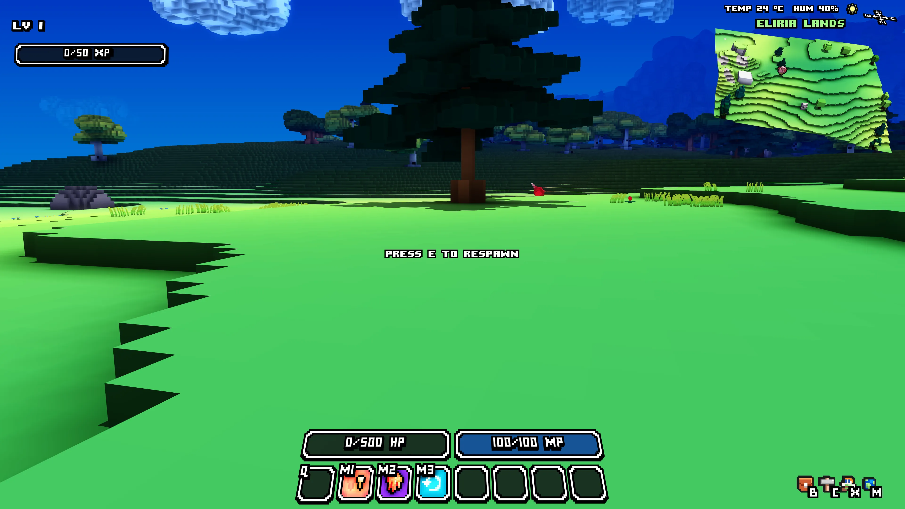 The centered PRESS E TO RESPAWN message after a character dies.