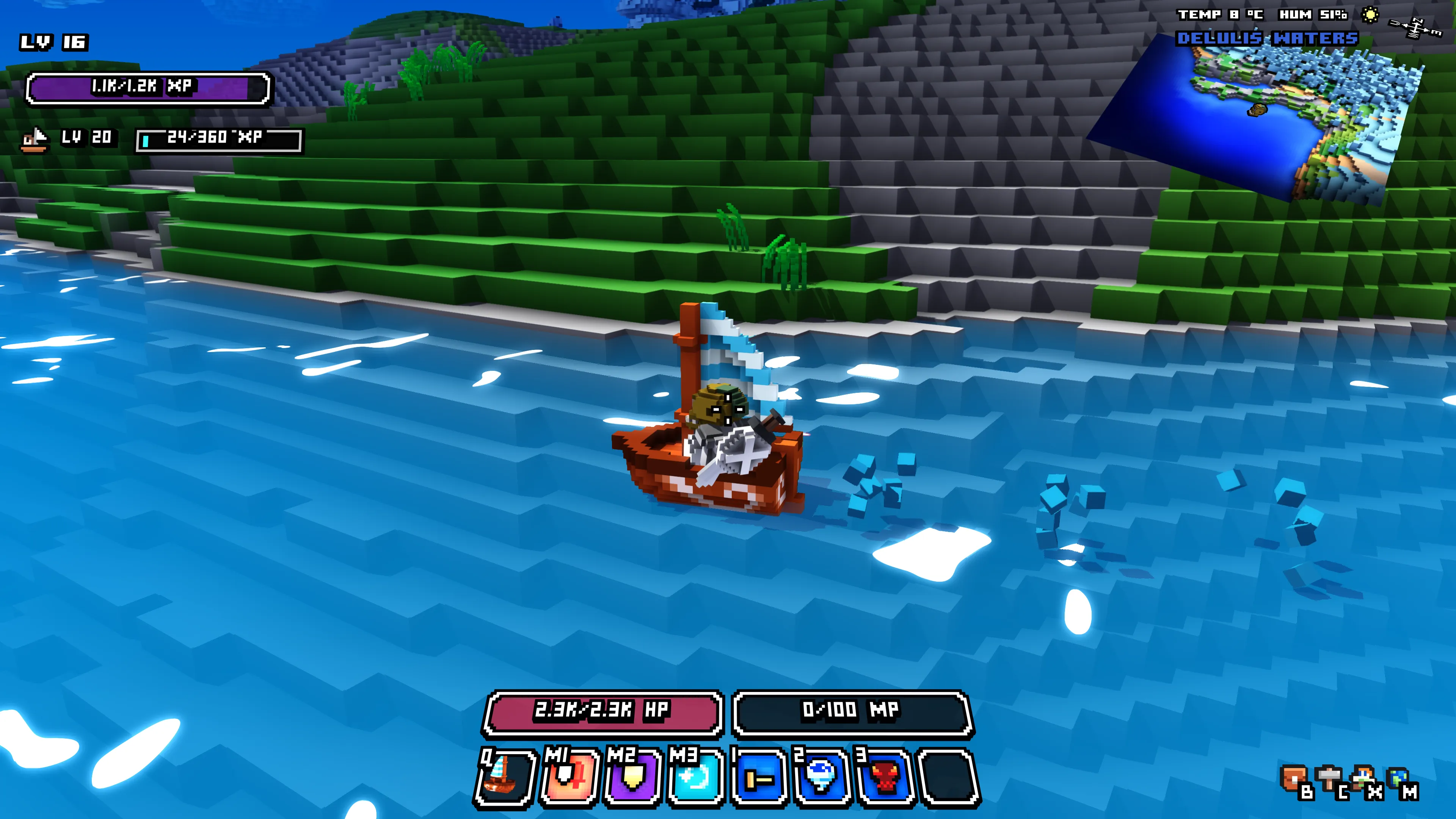 Sailing in Cube World Omega, with the Sailing icon, level and skill XP bar below the character XP bar.