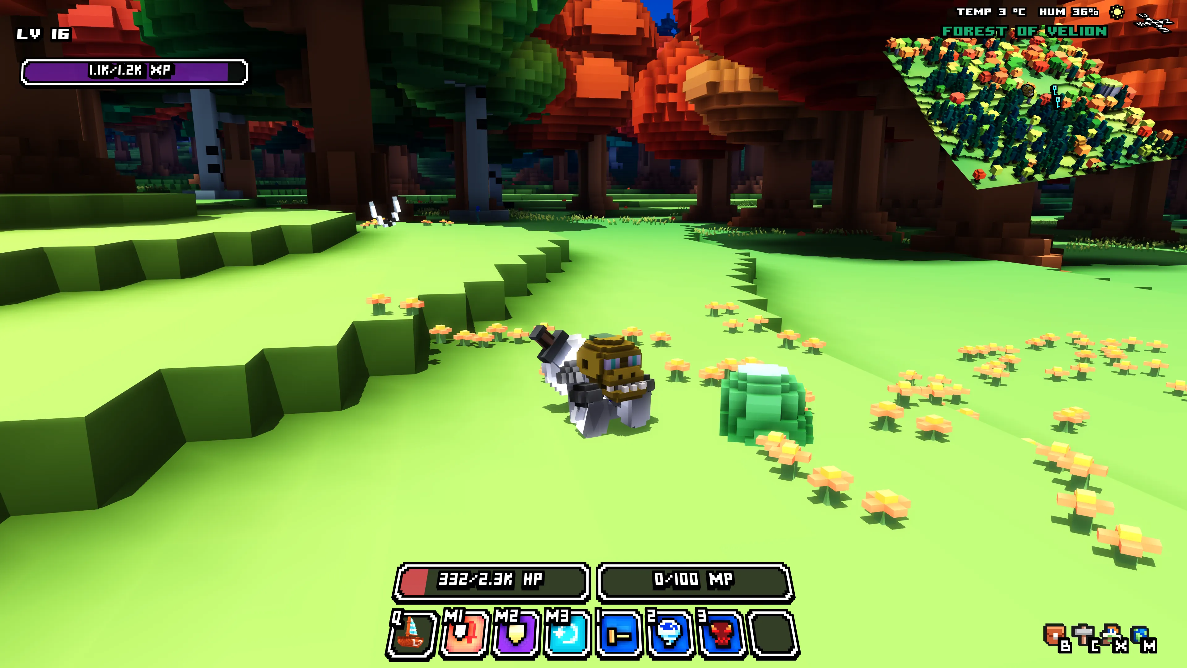 Sitting on the forest floor among flowers and autumn-colored trees, with my pet beside me.