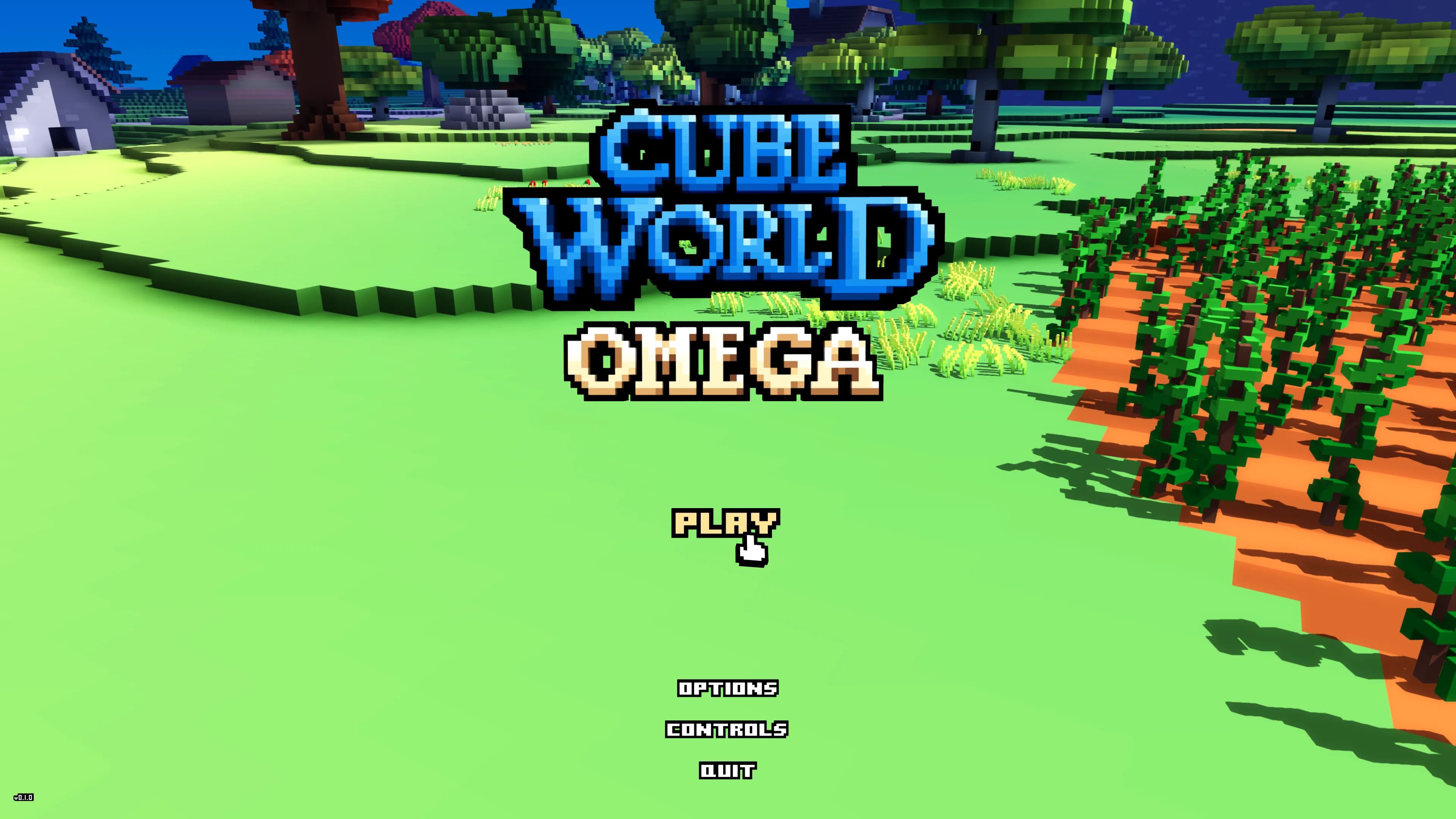 The new Cube World Omega start screen, with the animated logo above the landscape and PLAY, OPTIONS, CONTROLS and QUIT.