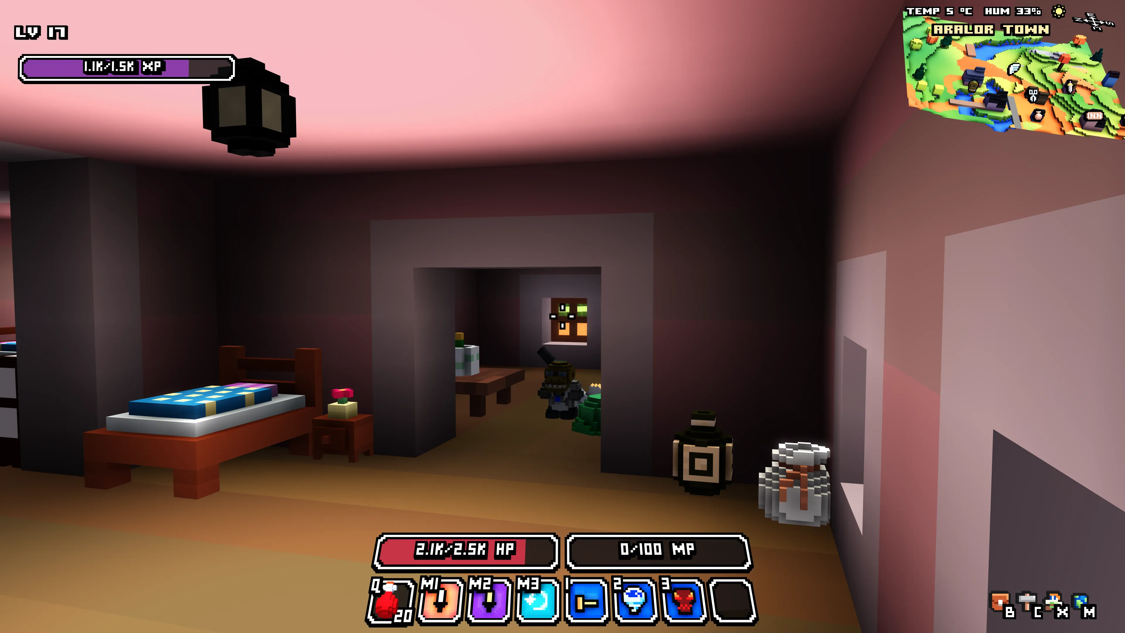 Inside a village house, with a bed and bedside table, a flower vase, storage containers and a table in the next room.